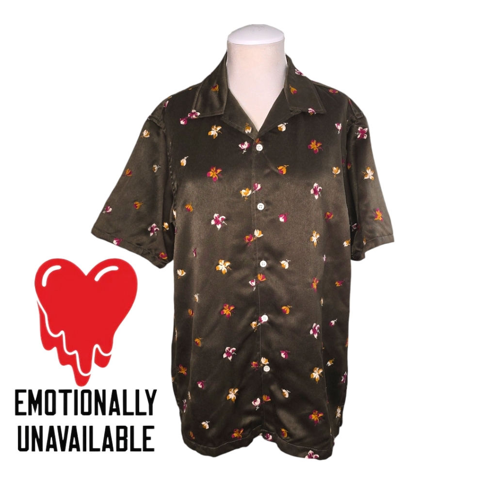 Emotionally Unavailable Bowling Shirt Olive Brown Button-up Embroidered Size L
